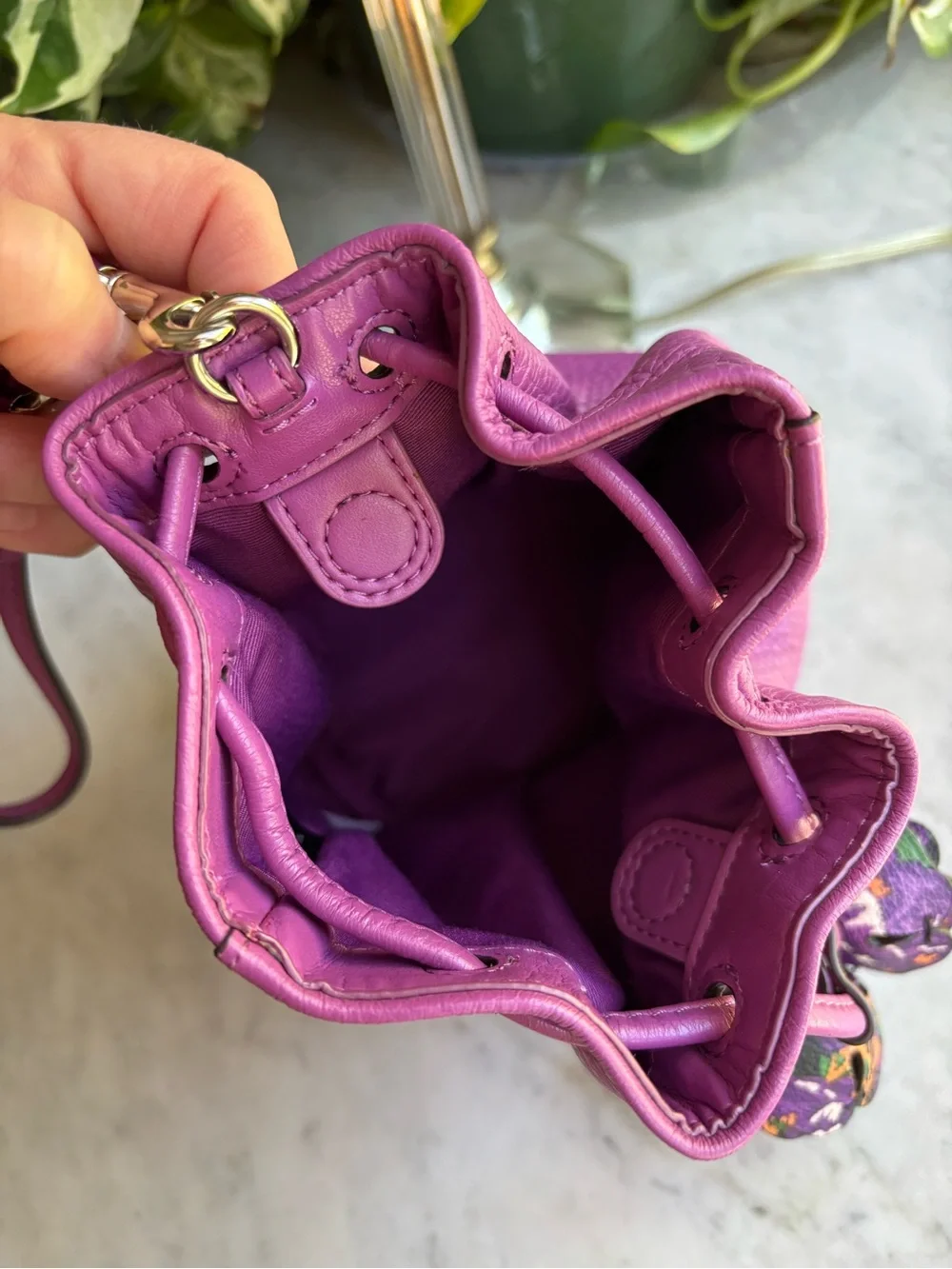 Coach Petal Pebbled Leather Drawstring Wristlet in Purple